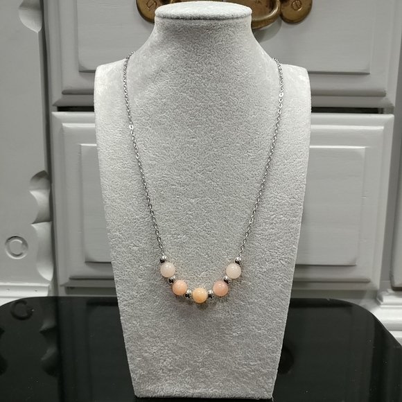 Peach Aventurine Necklace Natural Gemstone Beads Stainless-Steel Chain 20" - Picture 7 of 13